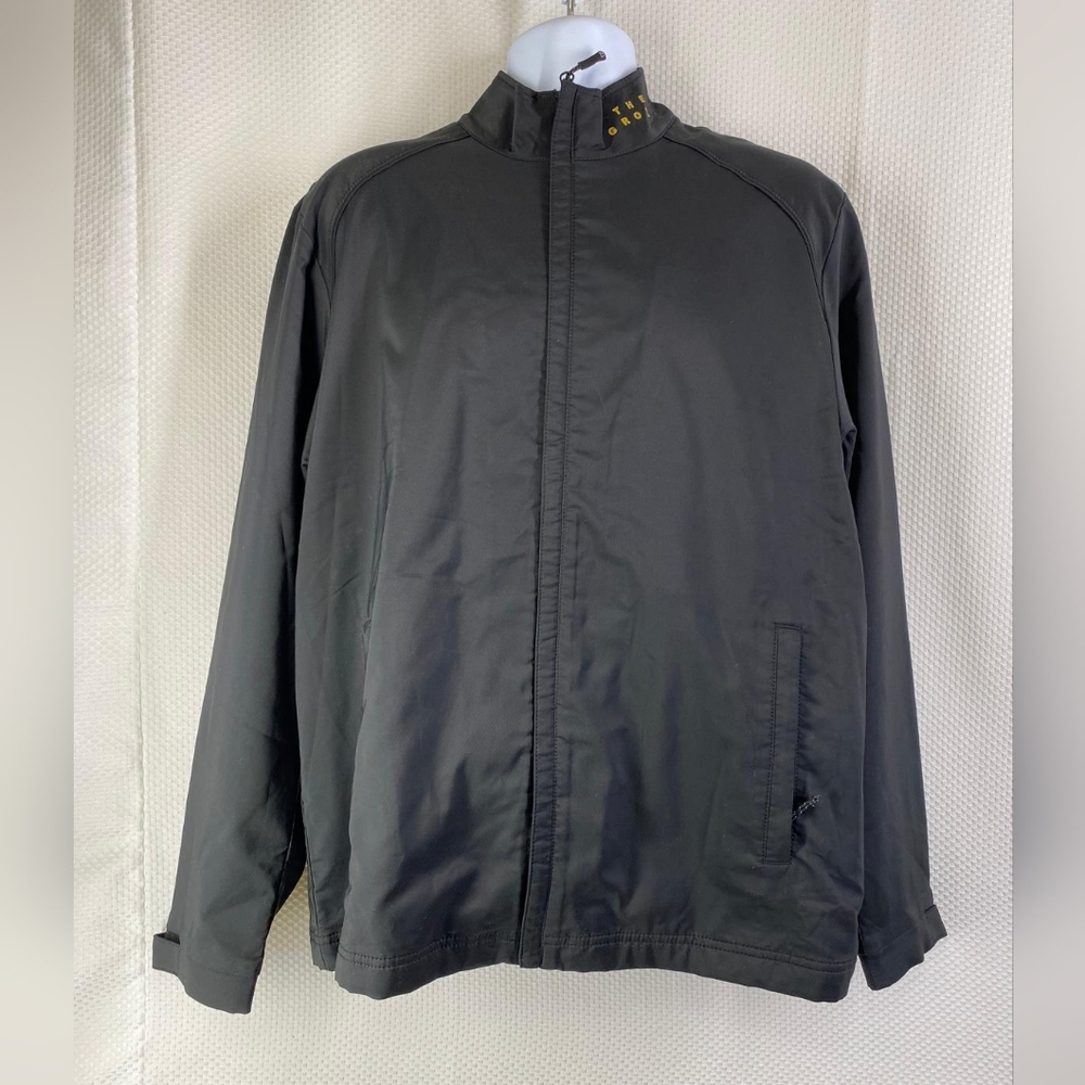 THE GROVE men's black jacket with front zipper and pockets, round neck, size L,